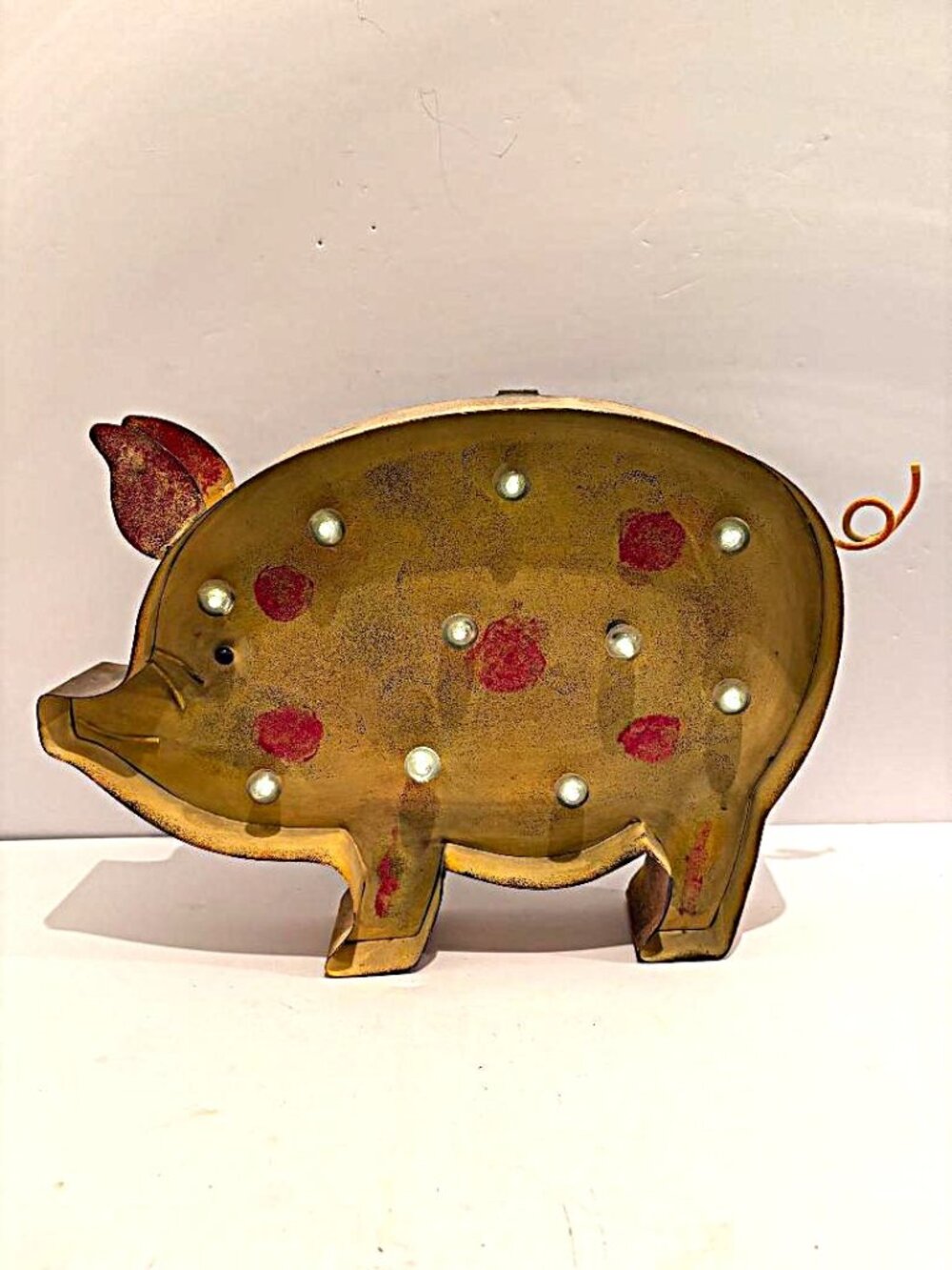 Farmhouse Distressed Metal Pig Marquee Wall Art - Battery Operated 14 x 9 x 2